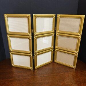 Vtg Golden Tri Fold Hinged Nine Picture Photo Frame Table Wall Decor 5x3.5" Slee